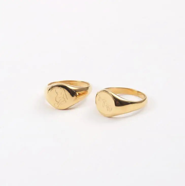 Wholesale Ready Stainless Steel Engraved Rings Ladies Body Engraved Rose Flower Round Signet Rings Free Tarnish Unique Gold Ring
