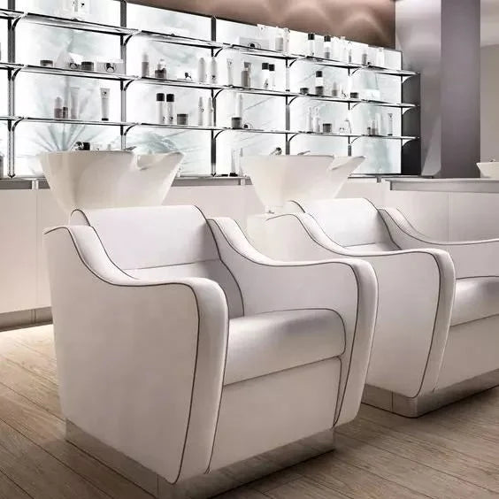 Modern Design Barber Shop Furniture Synthetic Leather Hair Shampoo Backwash Chair with Ceramic Basin for Workshops