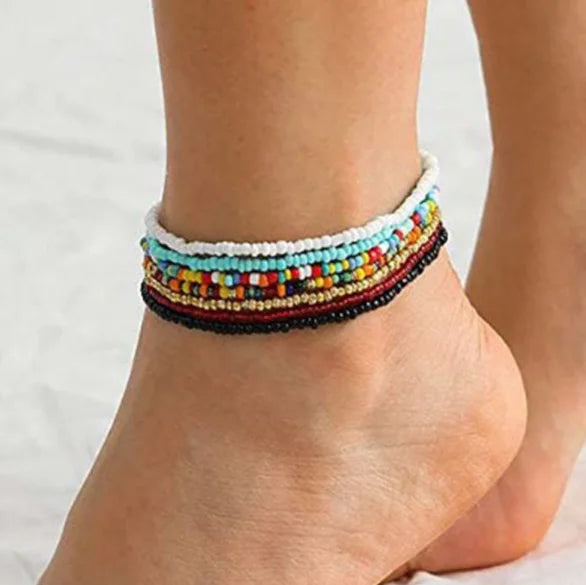 Hot New Bohemian Style Layered Color Rice  Hand-worn Beads Anklet