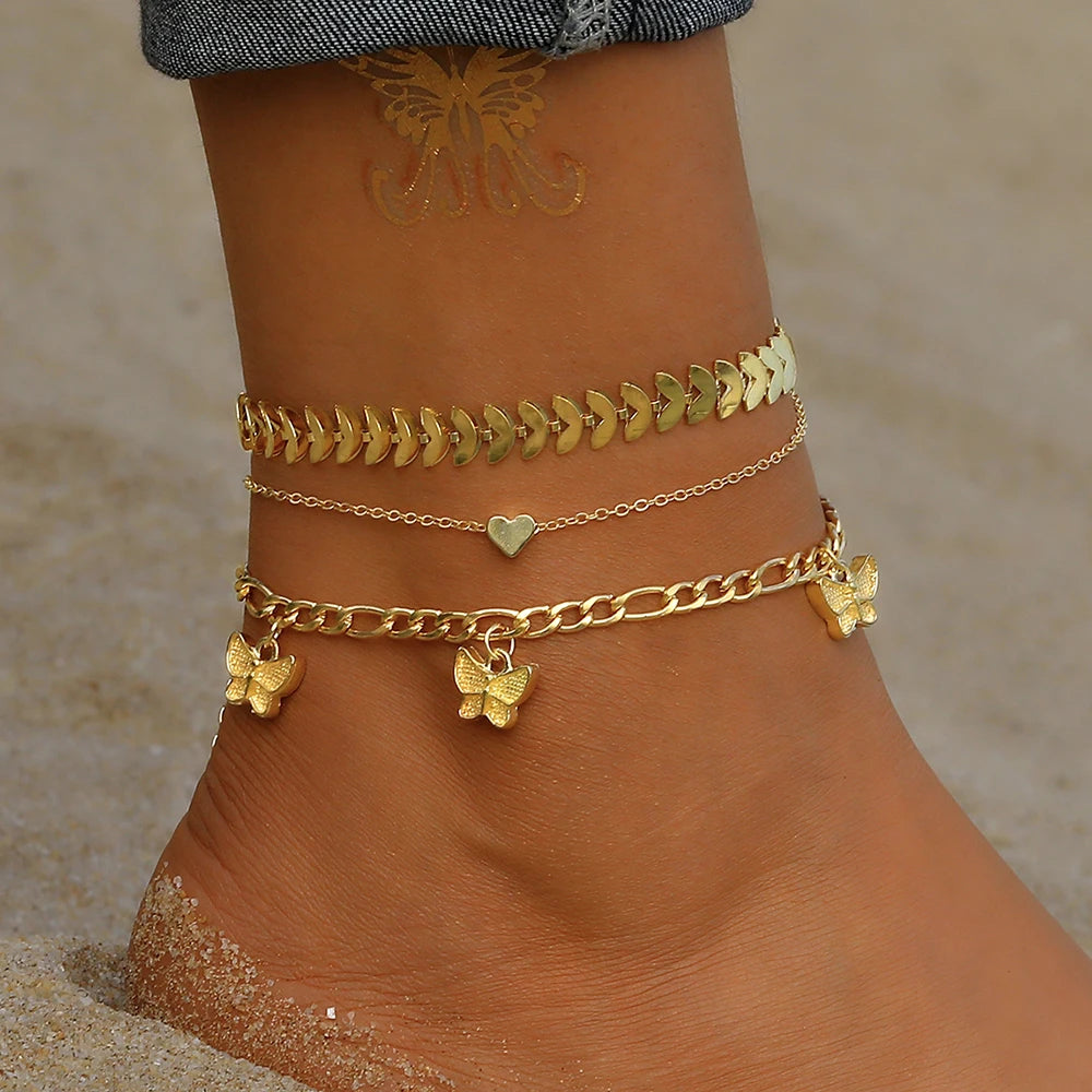 New Hot Sell European and American Retro Punk Style Multi-layer Foot Chain Set Style Butterfly Love 3-layer Foot Chain Set