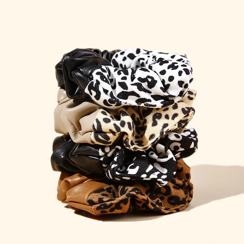 European American New PU Leather Flannel Splicing Large Scrunchies Hair Band Temperament Animal Pattern Head Rope Sweet Rubber