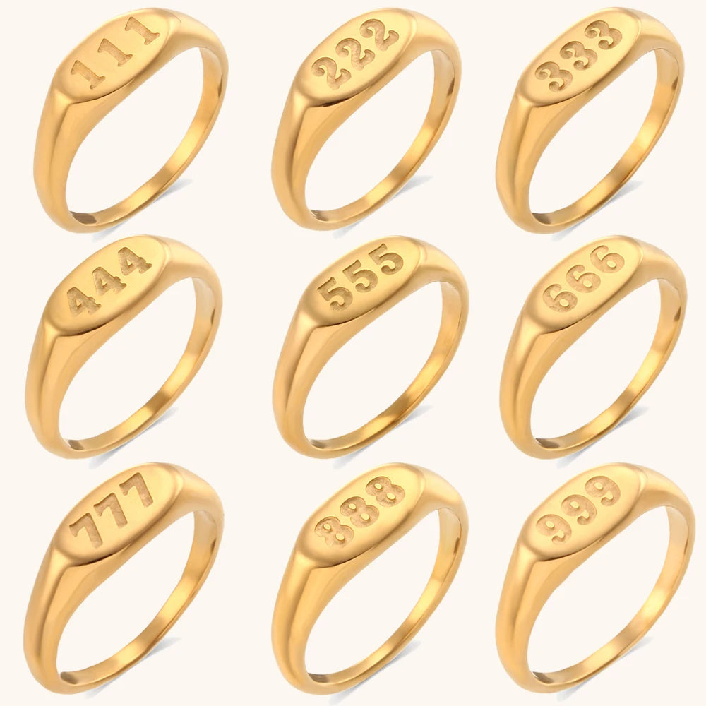Dingran Vintage Waterproof Non-Tarnish Stainless Steel 18k Gold Plated Engagement Ring with Number 111-999 Design