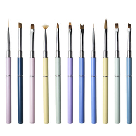 Yalixin 11 Pcs Colorful Metal Handle Gel UV Nail Brushes Custom Logo Nylon Liner Ombre 3D Acrylic Brush Nail Fan French Poke Pen