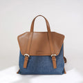 2026 Denim Genuine Cowhide Leather Tote Bag Women Solution 30cm Large Capacity Shoulder Hobo Bag with Wide Strap 3-Way Carry