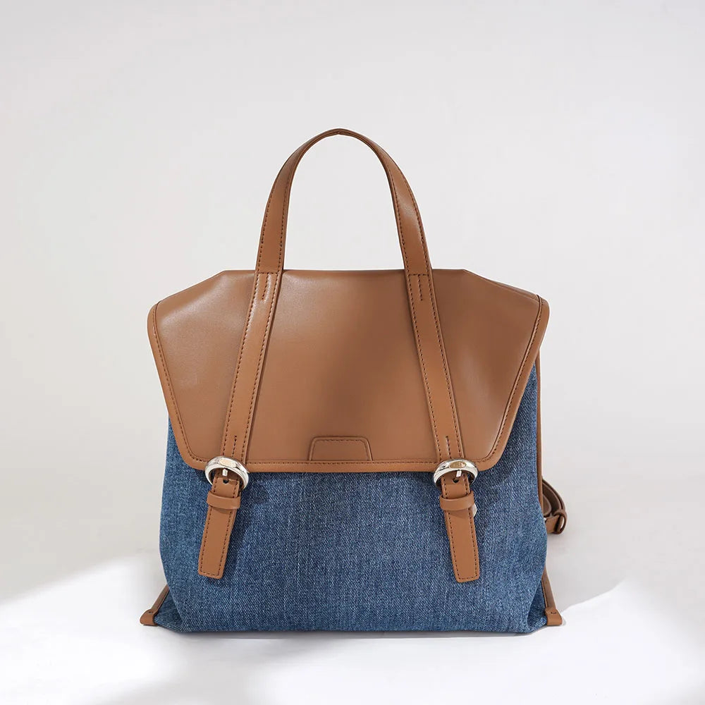 2026 Denim Genuine Cowhide Leather Tote Bag Women Solution 30cm Large Capacity Shoulder Hobo Bag with Wide Strap 3-Way Carry