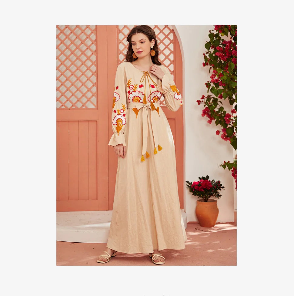 10% M-2XL Embroidered Long Sleeve Dress Printed Robe Tie Flared Sleeve Maxi Dress Islamic Robe