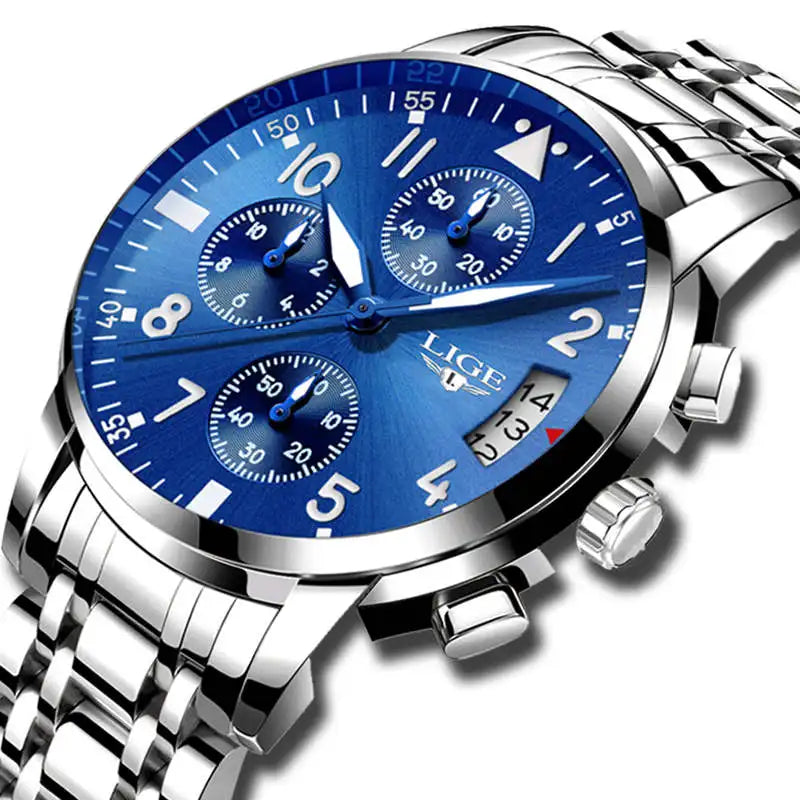 LIGE 9825 Men Watches Top Luxury New All Steel Waterproof Sport Quartz Watch Men Date Clock Chronograph Relogio Masculino