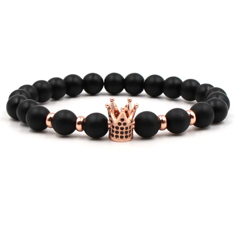 Hot Selling Black Lava Stone Rose Gold Bracelet Copper Brass Beads and Diamond Rosary Bracelet Jewelry