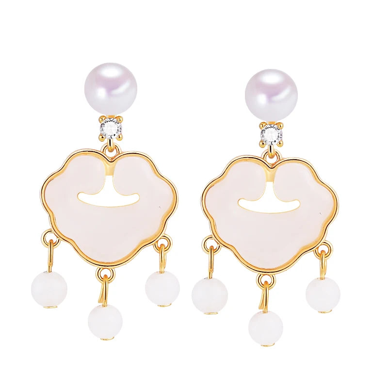 New Chinese Style Chalcedony Safe Lock Freshwater Pearl Jewelry Women's Natural Freshwater Pearl Earrings