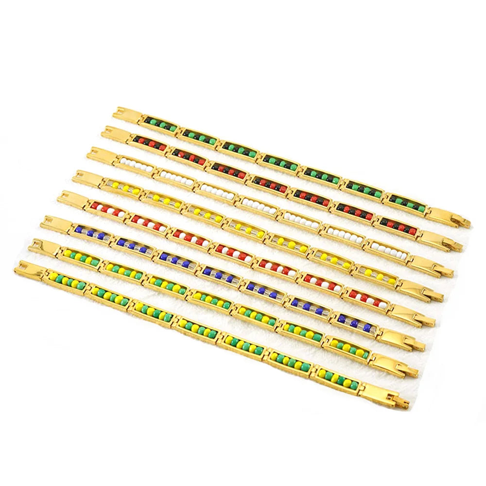 2024 Wholesale New Design Waterproof Jewelry 18K Gold Plate Colorful Bead Stainless Steel Indian Charm Bracelet for Women Men