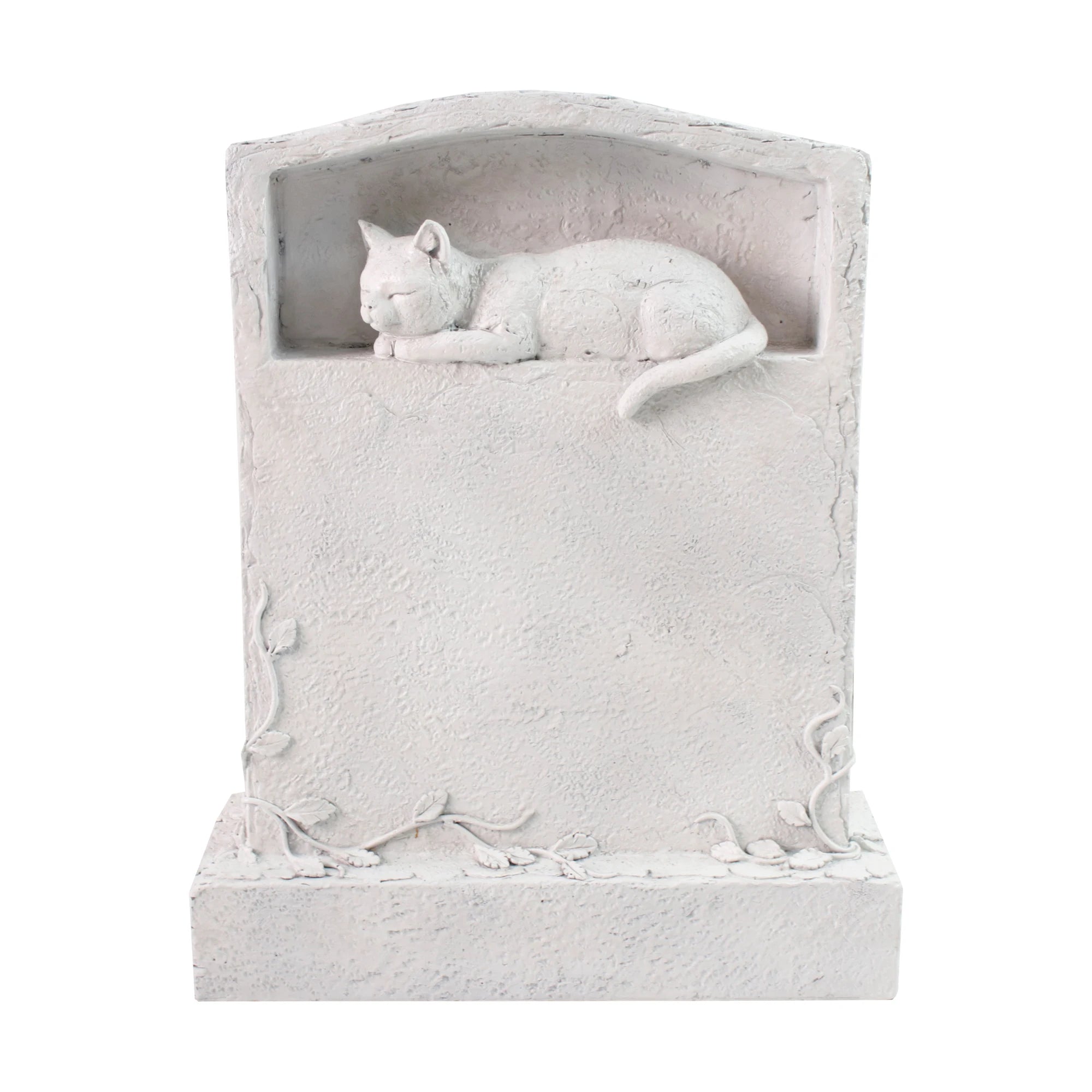White Resin Cat Memorial Sculpture with Sleeping Kitten Niche and Vine Carved Base Pet Loss Sympathy Gift for Home Altar Decor