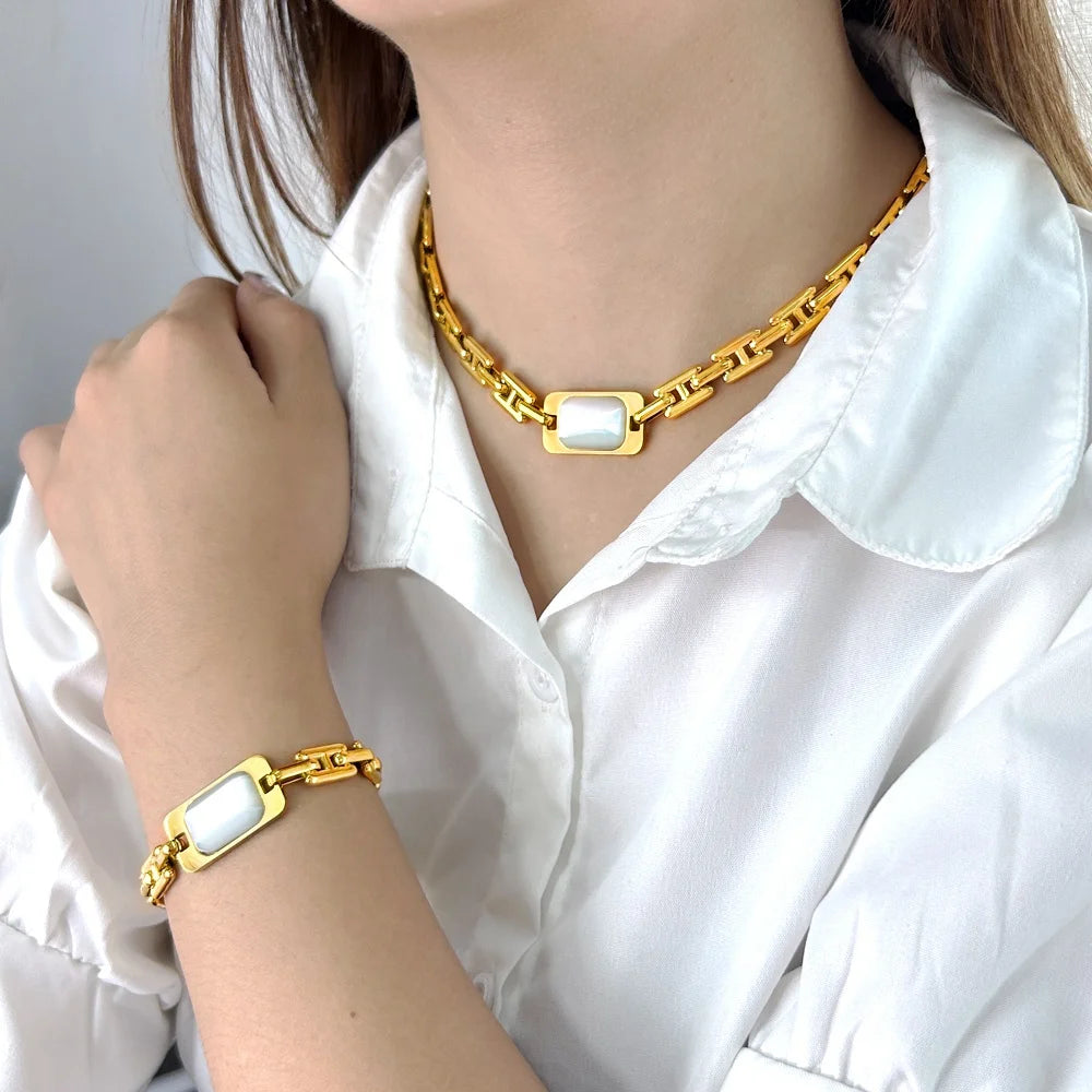 High End Stainless Steel Jewelry Set Women's Attractive Square Opal Inlaid Charm Necklace Bracelet Rust Proof Gift