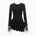 2025 French Hepburn Style for Bandage Evening Dress Stacked Lace Irregular Long Sleeve A-Line Party Silhouette in Black