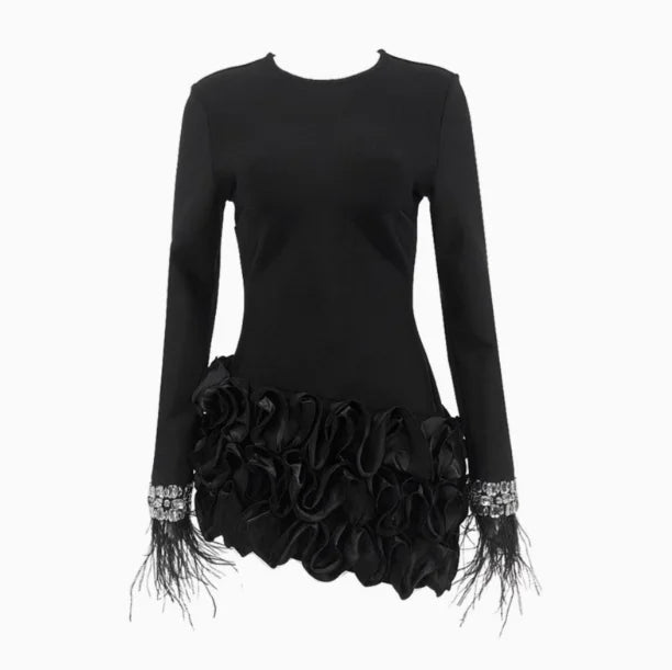 2025 French Hepburn Style for Bandage Evening Dress Stacked Lace Irregular Long Sleeve A-Line Party Silhouette in Black