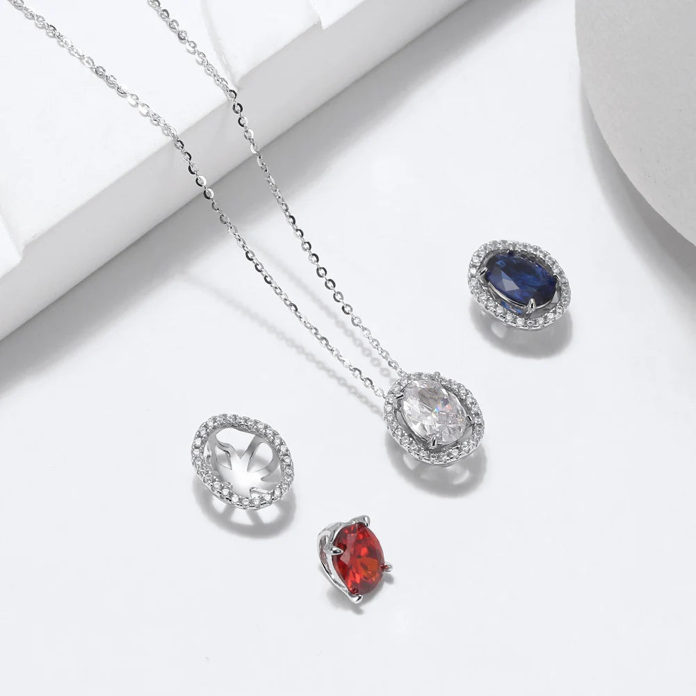 EQN48 RINNTIN New Arrivals Real 925 Sterling Silver Created Ruby White Sapphire Halo Oval Necklace for Women