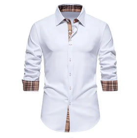 Men Long Sleeve Casual Cotton Lapel Collar Patchwork Shirt Stitching Color Slim Long Sleeve Shirts