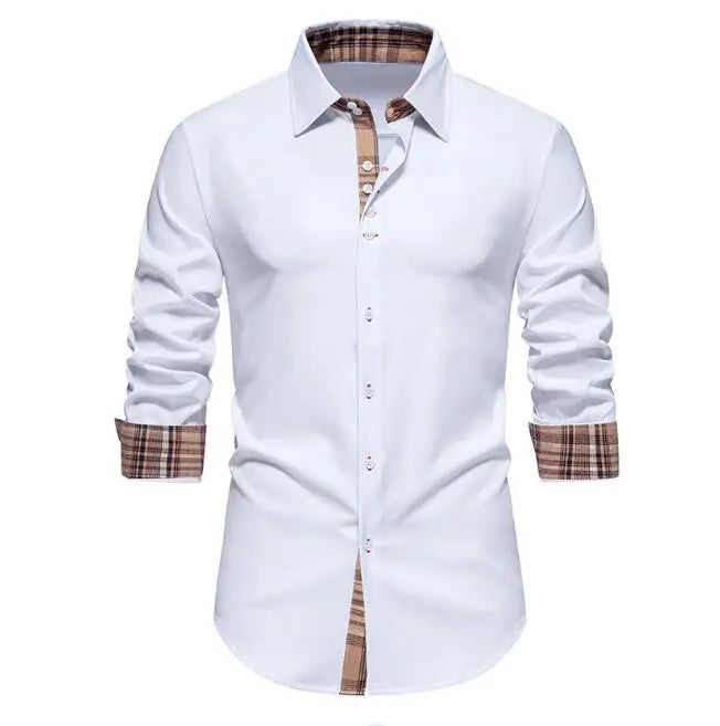 Men Long Sleeve Casual Cotton Lapel Collar Patchwork Shirt Stitching Color Slim Long Sleeve Shirts