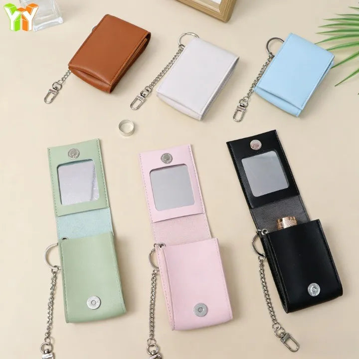 Elegant Stylish PU Leather Mirror Lipstick Storage Case with Chain Customized Portable Durable Lip Pomade Holder As Perfect Gift