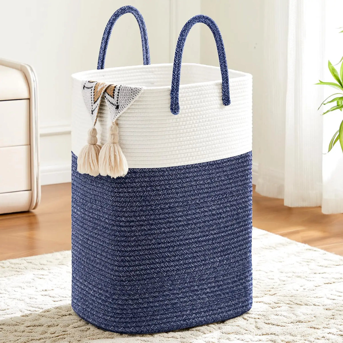 China ODM Foldable Deep Blue Soft Handle Organic Versatile Design Hand Woven Cotton Rope Laundry Baskets MegaBDM