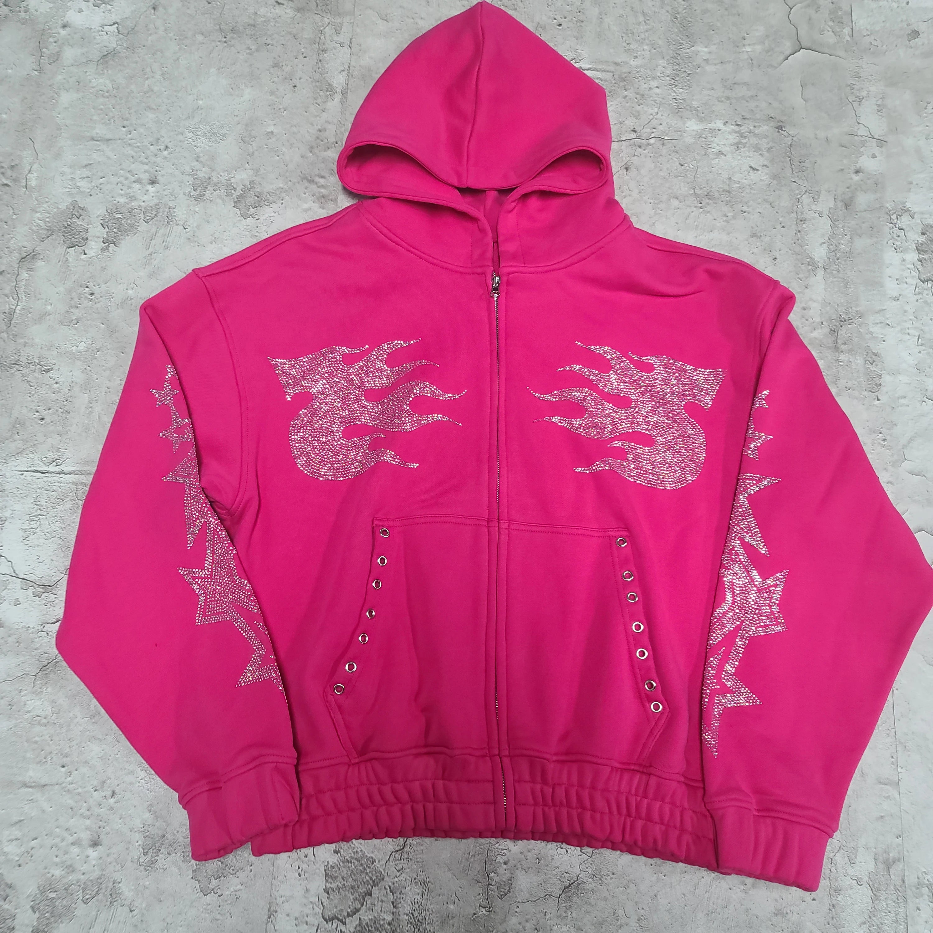 OEM 500GSM Heavyweight Vintage Oversize Zip-up Pullover Custom Rhinestone Logo Hoodie for Men Streetwear Style