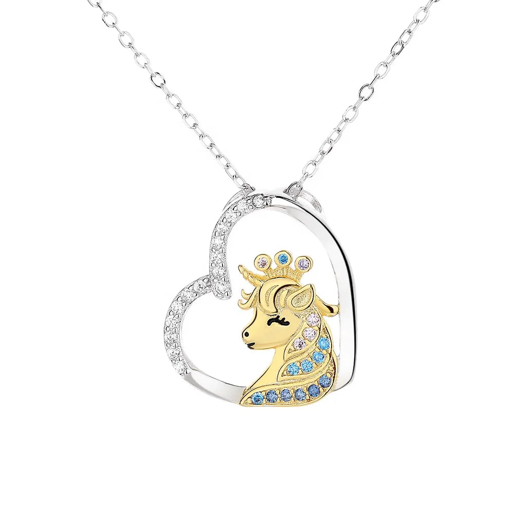 New Arrival Fine Jewelry Cartoon Heart-shaped 925 Silver Pendant Necklace for Women Trendy Rhinestone Alphabet unicorn Necklace