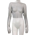 2024 Summer European American Fashion Women's Trendy Hot Girl Fishnet Top Short Knitted Rhinestone Mesh Long Sleeve Neck T-Shirt