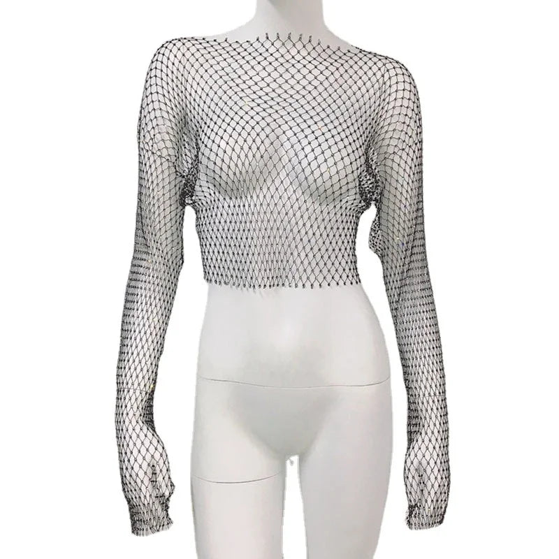 2024 Summer European American Fashion Women's Trendy Hot Girl Fishnet Top Short Knitted Rhinestone Mesh Long Sleeve Neck T-Shirt