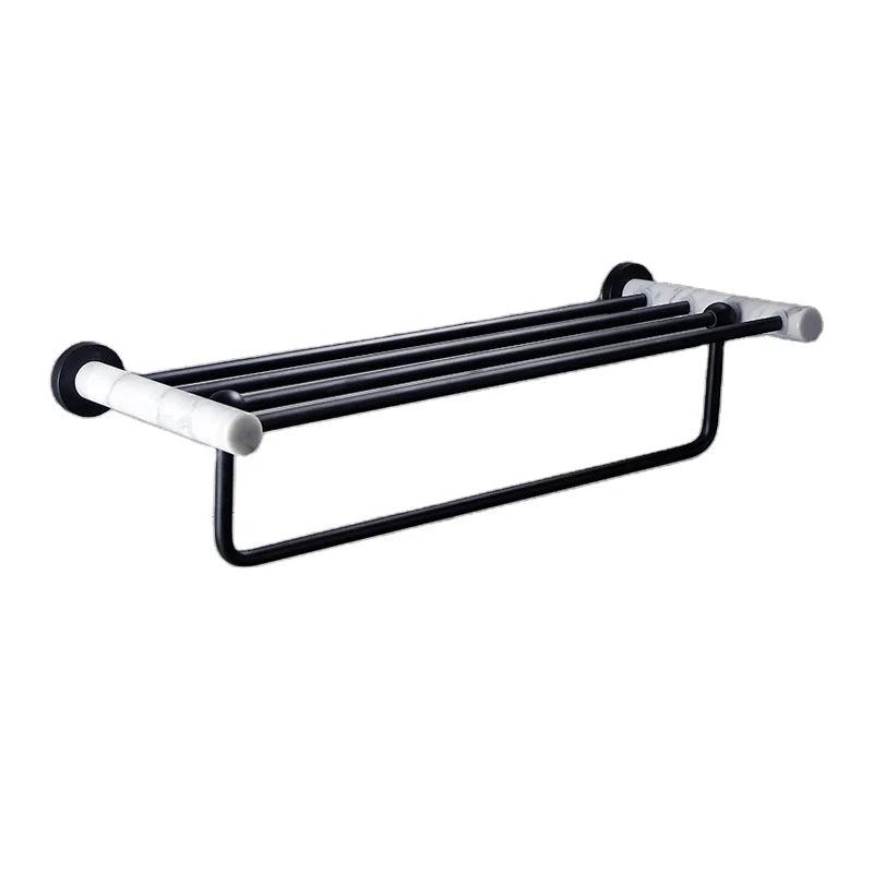 Modern Wall Mount Dual Tier Durable Towel Rack with Natural Marble Finish for Bathroom