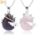 CSJA Hot Sale Natural Healing Gemstone Water Drop Amethyst Tiger Eye Rose Quartz Crystals Butterfly Pendant Necklace G082