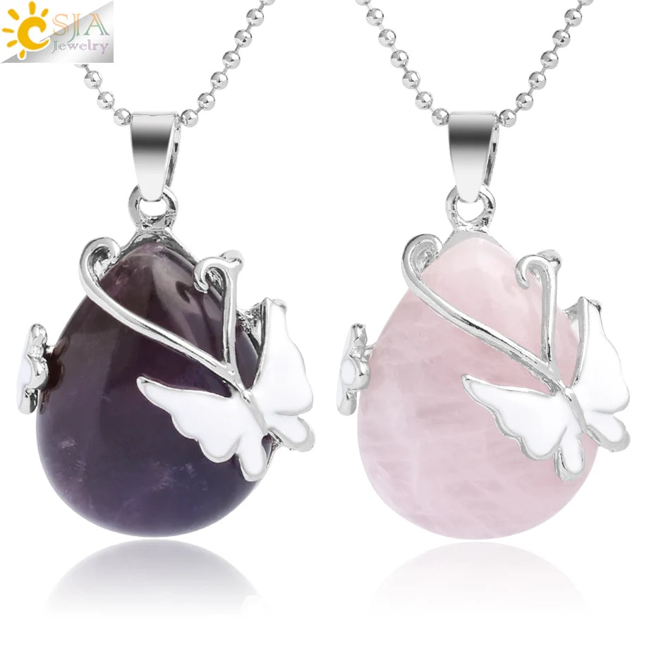 CSJA Hot Sale Natural Healing Gemstone Water Drop Amethyst Tiger Eye Rose Quartz Crystals Butterfly Pendant Necklace G082