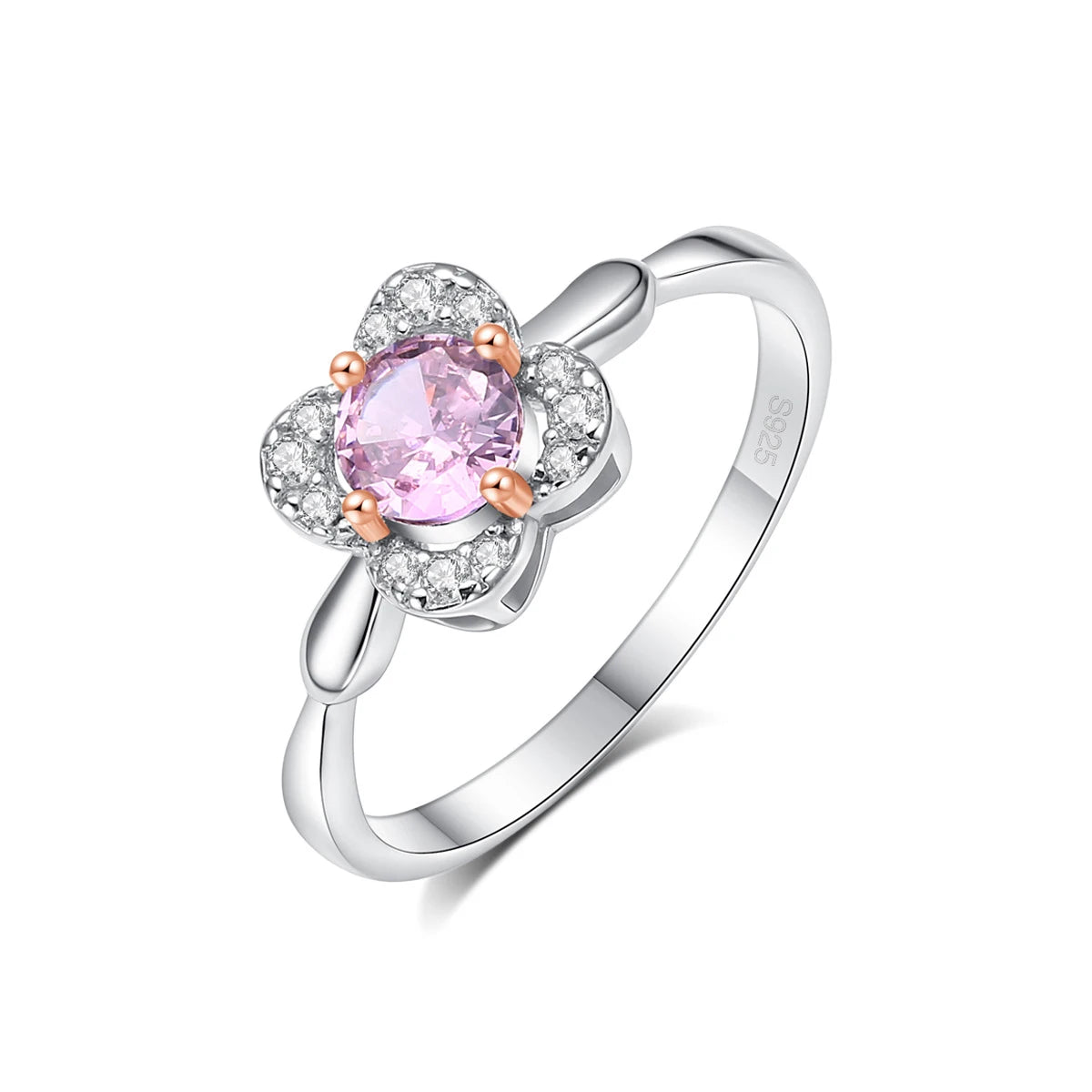 25 Sterling Silver Pink Zircon Lucky Four-leaf Clover Sparkling Halo Engagement Wedding Party Jewelry for Women