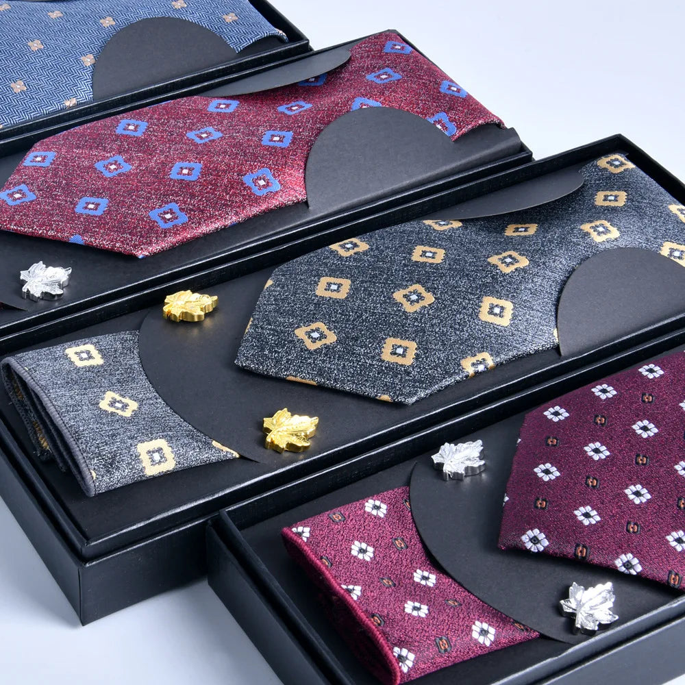 Wholesale Men's Luxury Tie Set With Jacquard Pattern Custom Fabric Stripe Necktie Pocket Square Cufflinks Business Gift