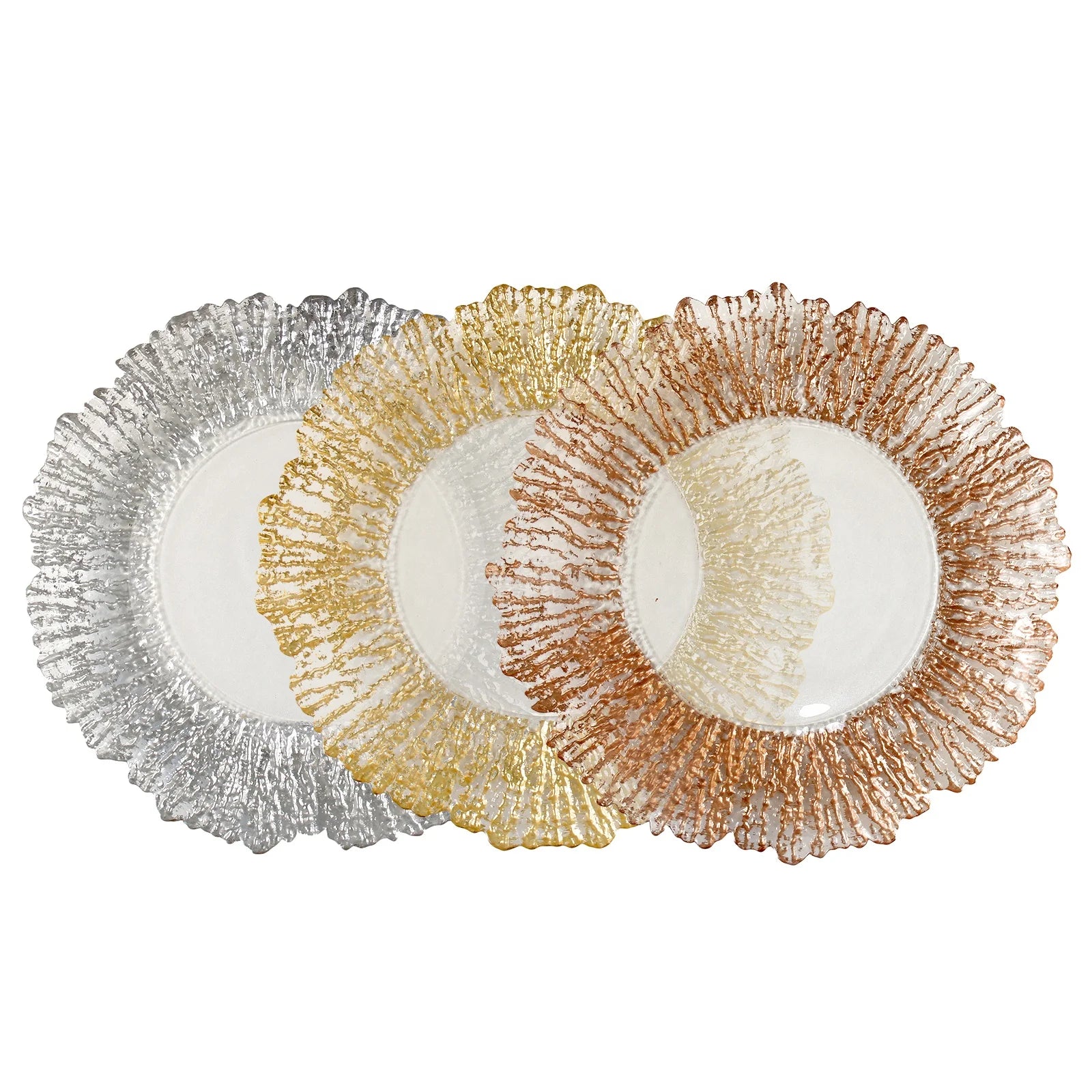 13\" Clear Glass Decorative Charger Plate with Gold Silver Rose Gold Accents Similar to Girly Skirt for Wedding Banquets