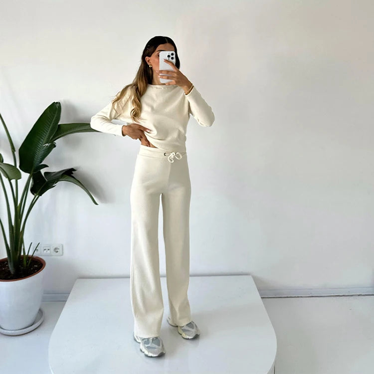 New Fashion Casual Suit Threaded Round Neck Long Sleeve Top Drawstring Pants Women