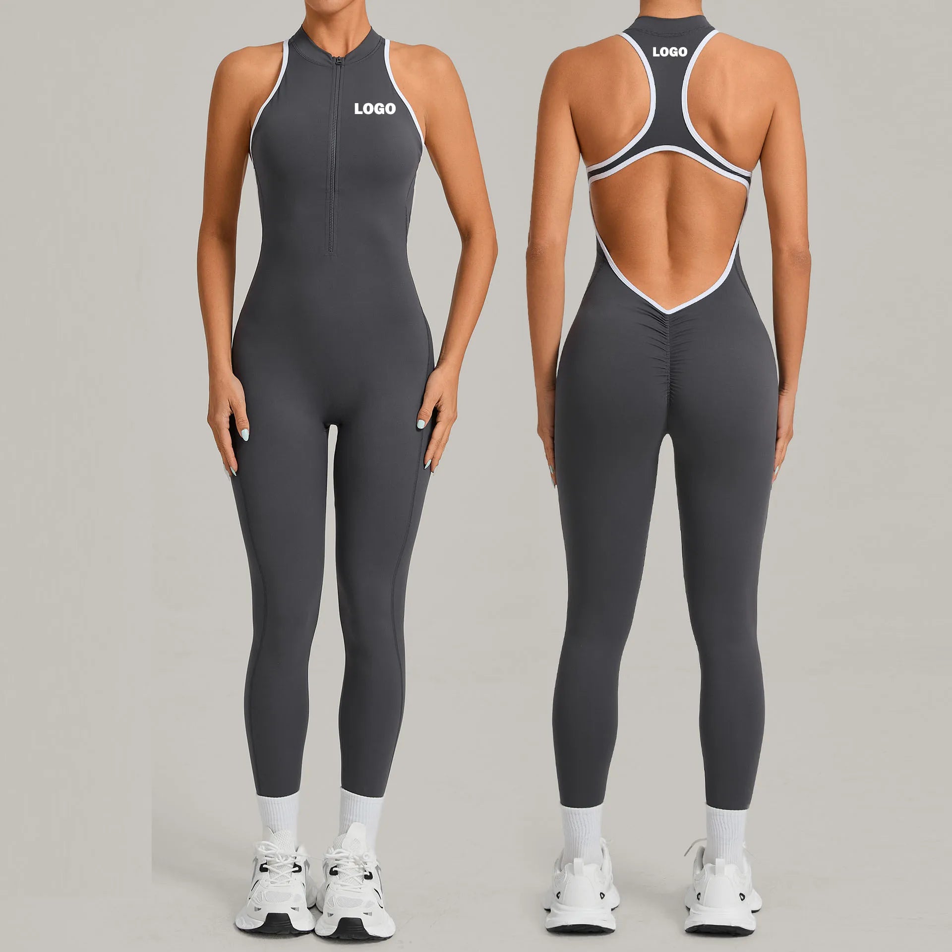 Custom Sleeveless Half Zip Front Yoga Gym One Piece Jumpsuit High Impact Romper One Piece Bodycon Long Jumpsuit for Women
