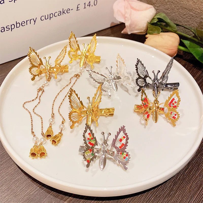 KUACHI Wholesale New Moving Butterfly Hair Clips Diy Tassel Beaded Sparkle Girls Metal Hair Clips