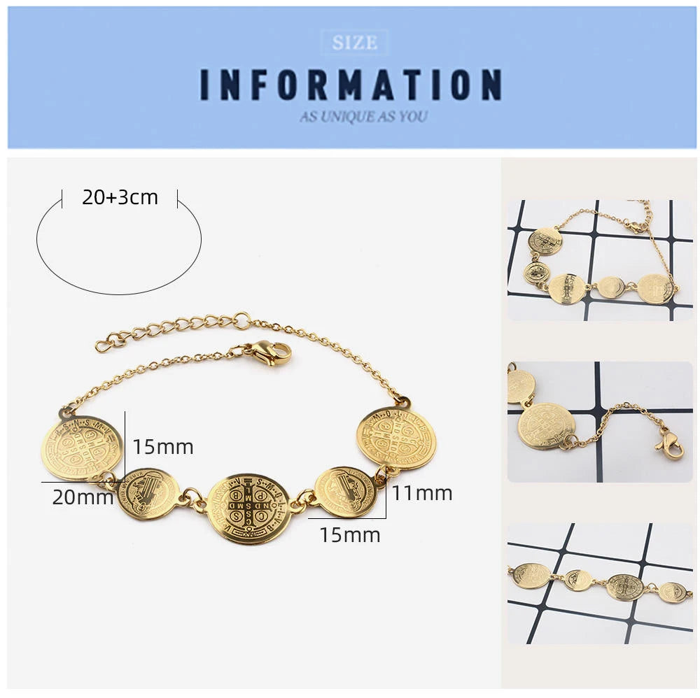 Gold Color Saint Benedict San Benito Medal Charm Bracelet for Ladies or Women