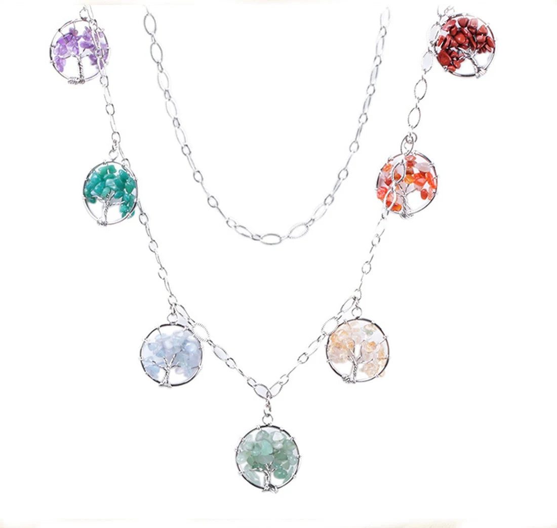 Fashion Seven Chakras Pendant Tree of Life Long Sweater Chain Sterling Silver Symbol Necklace Healing Jewelry for Women