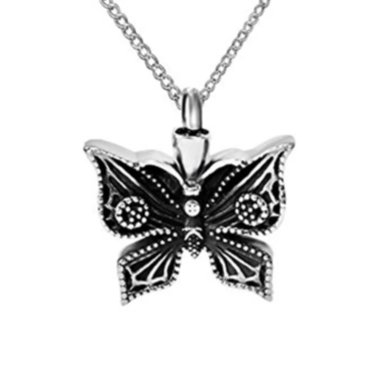 Stainless Steel Christian Cremation Urn Necklace Ashes Pendant Butterfly Memorial Ash Keepsake Vintage Silver Plated Jewelry
