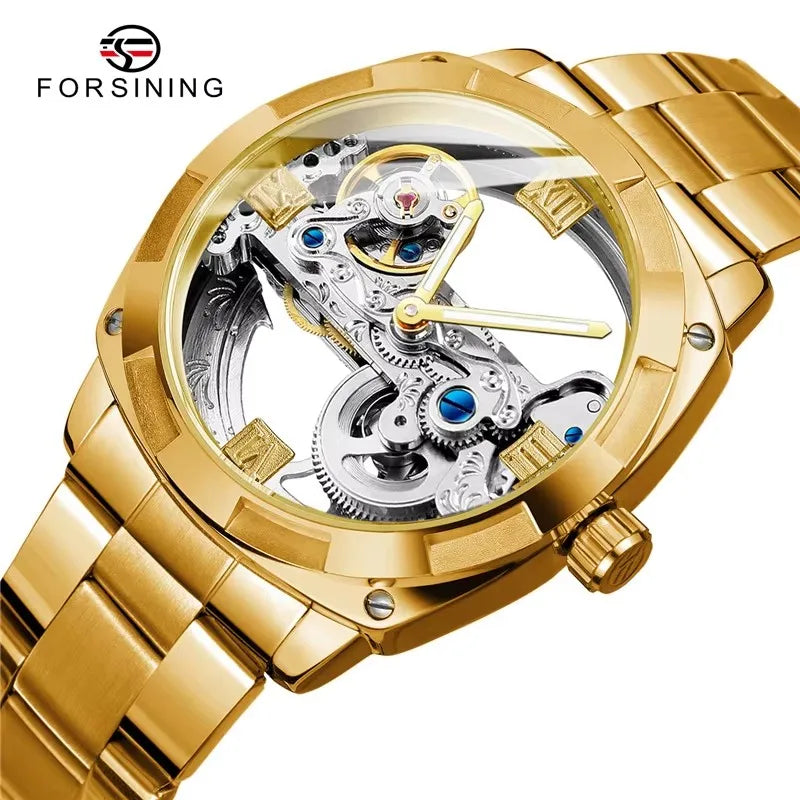 Forsining Watch Fashion Transparent Design Mechanical Automatic Men Wrist Watches Stainless Steel Square Gear Skeleton Man Clock