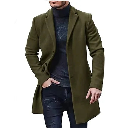 European Size Men 2024 Autumn Winter Coat Lapel Felt Single Breasted Medium Long Trench Coat Solid Color Coat