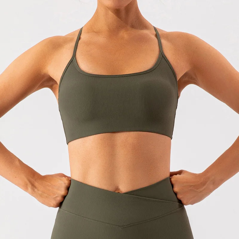 SHINBENE Women Medium Support Fitness Training Ribbed Racerback Padded Cropped Yoga Workout Sport Bras