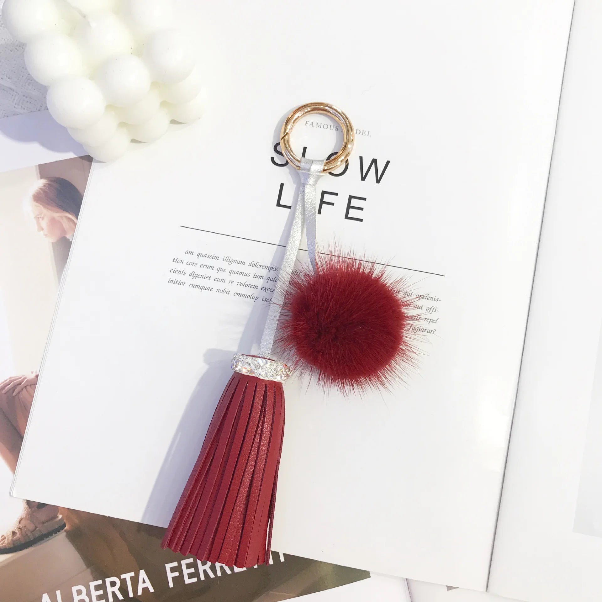 Luxury Shiny Diamond Leather Tassel Key Chain Bag Pendant Bag Charm Gift Keyring with Real Mink Pompoms Car Keychains