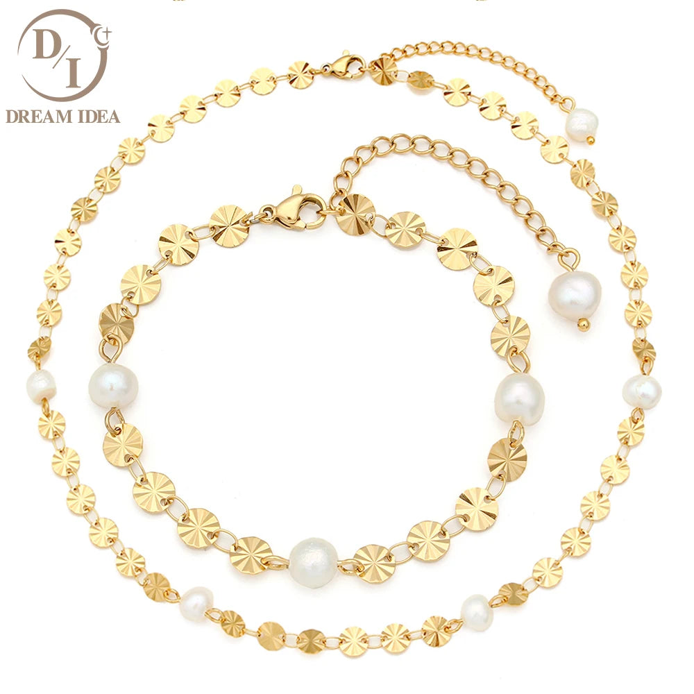 Fashion Hypoallergenic Stainless Steel 18k Gold Plated Necklace Round Snow Flake Freshwater Pearl Chain Necklace