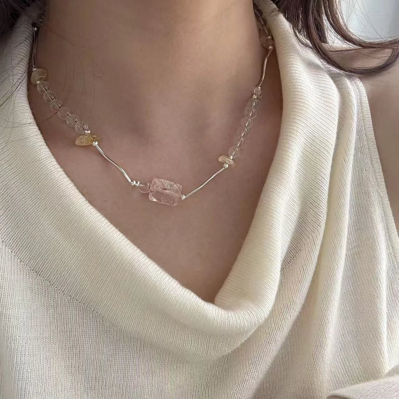 Ins Summer New Diy S925 Silver Natural Healing Crystal Jewelry Black Gold Super Seven Clear Quartz Necklace