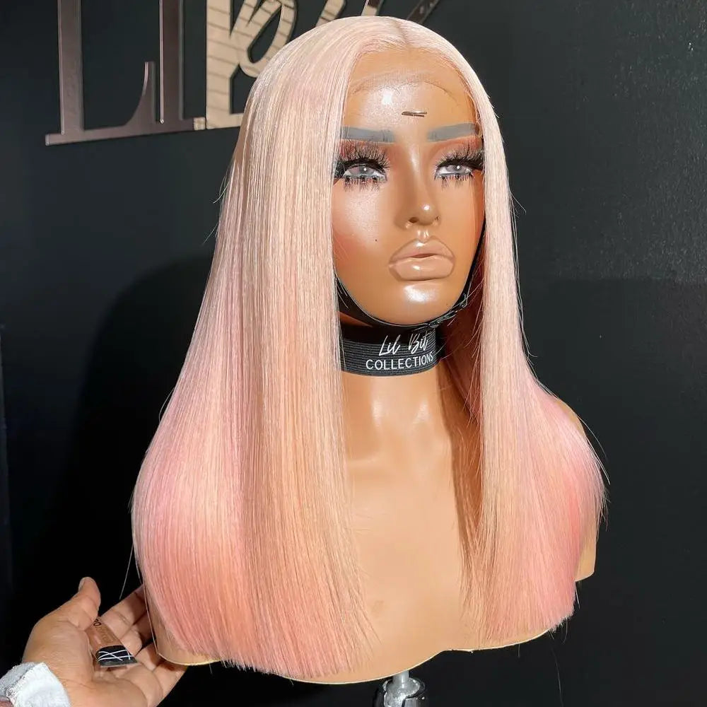Platinum Pink Colored Lace Front Wig Green Short Straight Bob Human Hair Wigs 613 Blonde 13*4 HD Transparent Laceal Frontal Wig