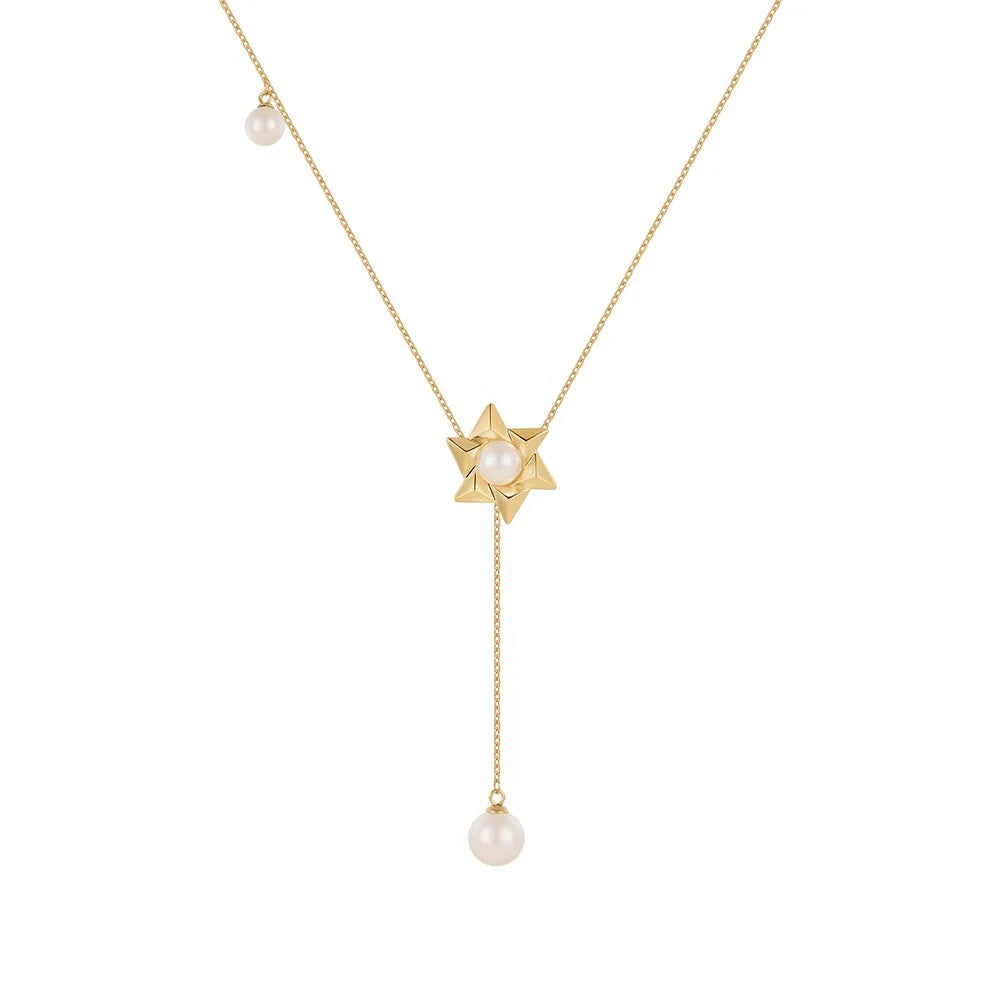 Original Design 18K Gold Plated Brass Jewelry Gold Color Link Chain Windmill Pearl Pendant for Women Party Necklace P223365