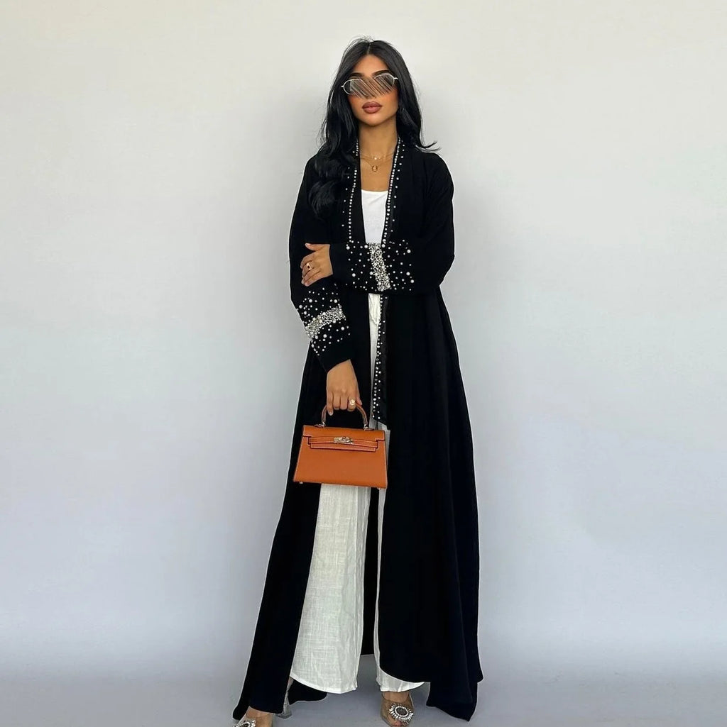 MQ128 Middle East Turkey Marocan Kaftan Dubai Rhinestone Beaded Cardigan Robe Long Abaya Women Muslim Dresses With Headscarf