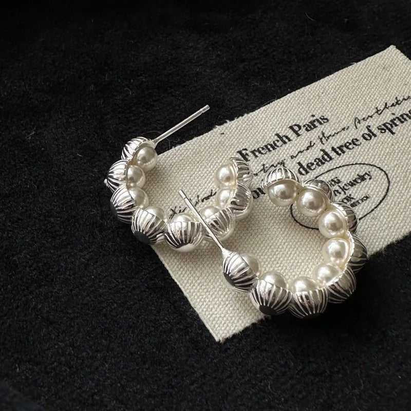 Luxury 925 Sterling Silver Women Vintage Simulated Pearl Shell Hoop Earrings for Girls Gifts