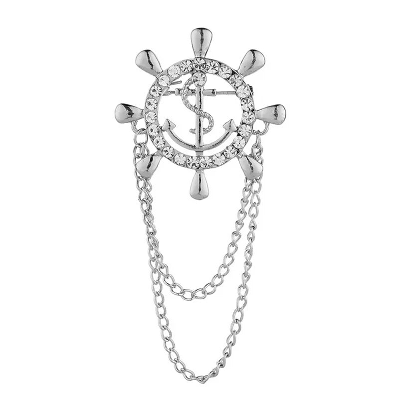 New Korean Jewelry Gift Suit Brooch Badge Navy Style Crystal Beaded Chain Corsage Beaded Men Rhinestone Anchor Lapel Pin Brooch